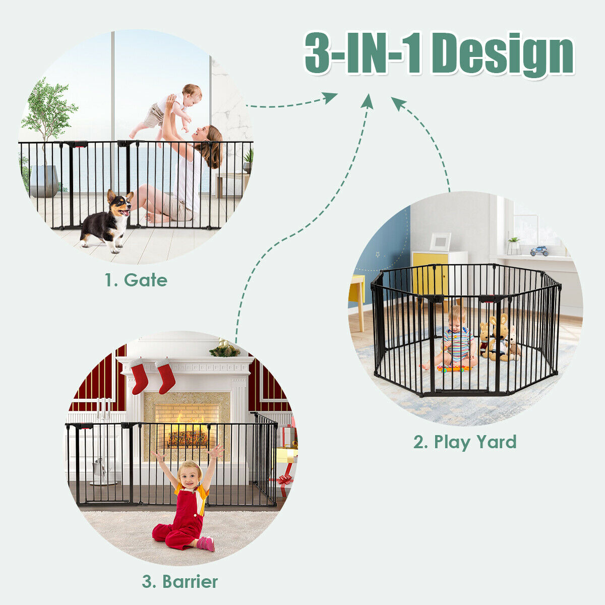8 Panel Metal Gate Baby Pet Fence Safe Playpen Barrier Wall-mount Multifunction